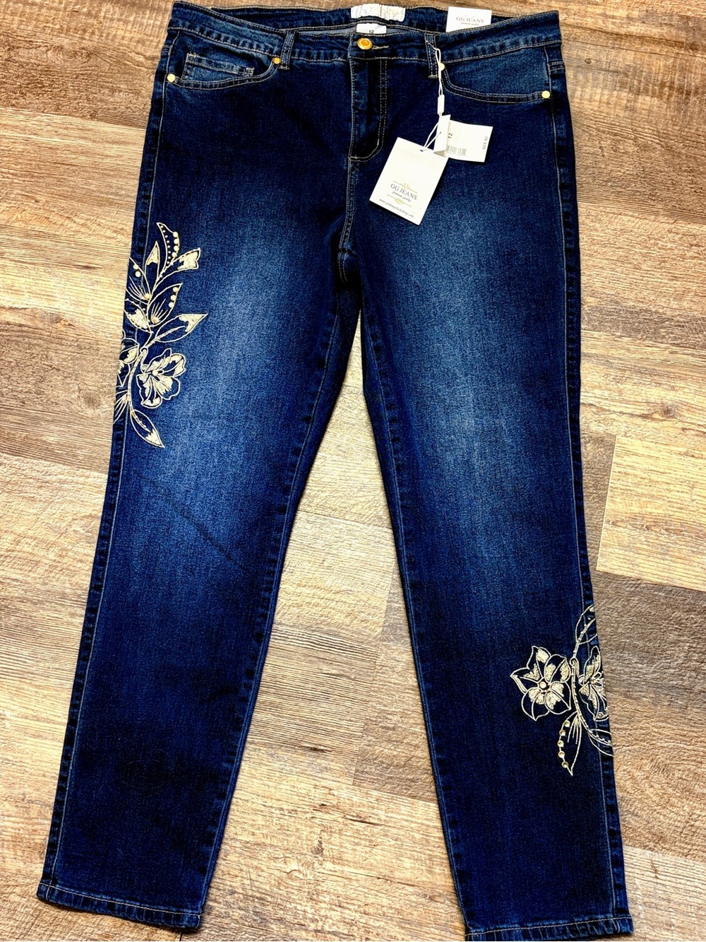 GG Jeans Dark Blue Straight Leg Jeans with White Floral Embroidery